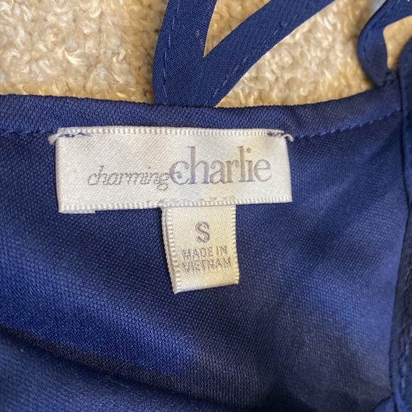 Charming Charlie Navy Flowy lined Dress w Gorgeous Back Detailing Sz Small EUC - Picture 5 of 8